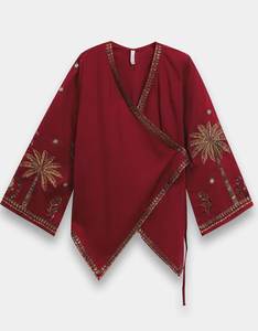 Boho Embroidered V-Neck Chiffon Floor-Length A-Line Regular Fit Red <b>Tropical</b> Palm Print Lantern Sleeve Summer Party Casual <b>Dress</b> - Product Image 3