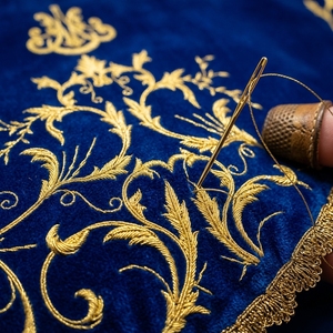 Escudo Decorativo Bordado en Terciopelo Azul con Adorno Floral Dorado y Borde Festoneado, Accesorio para Disfraz de Adulto - Product Image 5
