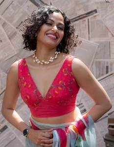 Sari en coton et lin imprimé pour femme KV avec chemisier non cousu (bleu clair) - Product Image 2