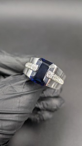 Anillo de Zafiro Azul Corte Esmeralda, Anillo de Compromiso de Plata para Hombre, Anillo de Boda de Lujo, Regalo para Hombre, Anillo de Diamantes Hip Hop de Plata 925 - Product Image 5