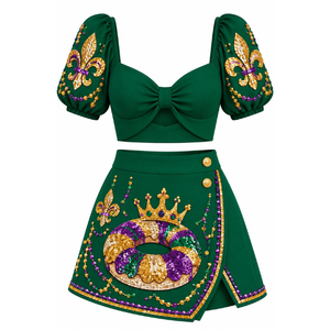 Elegante Conjunto de Dos Piezas para Mujer, Transpirable, Verde, con Top de Lentejuelas y Falda con Diseño de Flor de Lis - Product Image 1