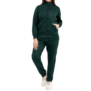 Men's Dark Green Full <b>Zip</b> <b>Hooded</b> Breathable Tracksuit Set Casual Solid Color Cotton Sweatshirt Pants Side Pockets Winter Wear - Product Image 1