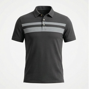 Polo à manches courtes pour homme, noir, avec design rayé gris, tricoté, coupe décontractée régulière - Product Image 1
