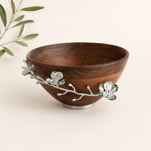 Handcrafted Premium Wooden Salad Bowl with Silver Metal Orchid Flower Accent Elegant Solid Wood Serving Bowl for <b>Wedding</b> Gifts - Product Image 1