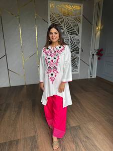 Indian Pakistani Cotton Set Batwing Sleeve Sun Protection <b>Kurta</b> Palazzo Pants Floral Chestwear Outfit for <b>Women</b> - Product Image 2