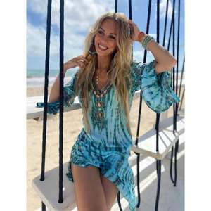 Robe de plage bohème tie-dye pour femme, col en V, manches évasées, mini-kaftan, tenue de plage - Product Image 2