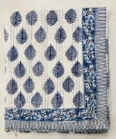 Couverture Kantha en coton imprimé à la main Silkgram, motif feuillage bleu et blanc, pour la décoration intérieure, jeté de canapé toutes saisons, écologique