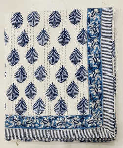 Silkgram Hand Block Printed Cotton Kantha <b>Quilt</b> Foliage Pattern Blue White Home Decor <b>Throw</b> Blanket All-Season Eco-Friendly - Product Image 4