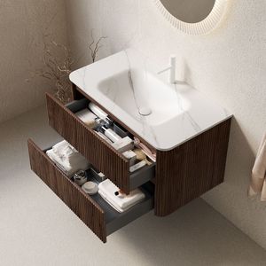 Mueble de Baño Flotante NOOR de 36 Pulgadas con Rayas, de Madera Contrachapada, con 2 Cajones, Piedra Sinterizada Blanca Carrara, Gran Venta, Marca NOOR - Product Image 2