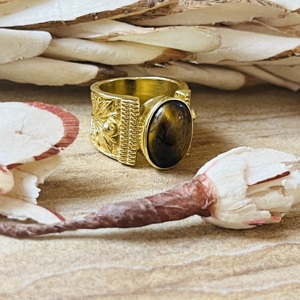 Statement Design <b>Tiger</b> <b>Eye</b> Brass Gemstone <b>Ring</b> Gold Plated Leaf Texture Tribal Vintage Style Chunky Handmade Wholesale Womens - Product Image 3