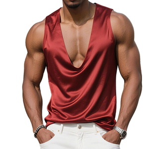 Premium Custom Men's Silky Satin V-Neck Tank Tops Muscle Shirts Dropped Armhole Sleeveless Wholesale Vendor Tank Tops For Men - Product Image 1