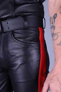 Men's Black <b>Leather</b> Look Moto <b>Pants</b> High Waist Side Red Stripe Zipper Fly Biker Style Autumn Wear - Product Image 3