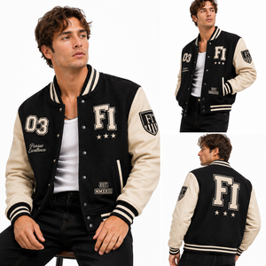 Blouson universitaire en cuir avec applique numérotée sur le devant, manches contrastantes à boutons-pression, logo personnalisé, blouson de baseball pour homme, style USA - Product Image 4