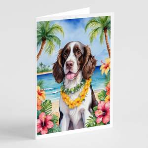 Whimsical A7 tamaño 5x7 tarjetas de notas en blanco Paquete de 8 tarjetas de felicitación de Springer Spaniel inglés Luau con sobres - Product Image 1