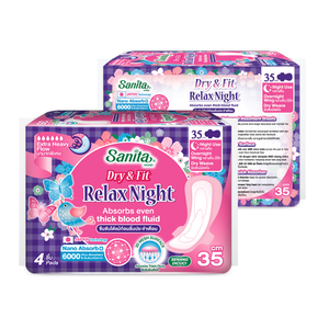 Sanita Dry Fit Relax <b>Night</b> 35cm Winged Menstrual <b>Pads</b> Extra Heavy Absorbency Overnight Use 4 <b>Pads</b> - Product Image 3