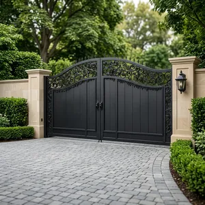 Luxury Black Wrought Iron Double <b>Swing</b> Driveway Gate Ornate Scrollwork Arched Top Solid Privacy Panels Powder Coated Residential - Product Image 5