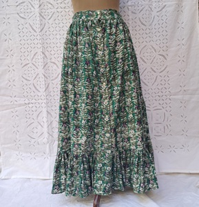 Botanical Block Print Cotton Womens Maxi <b>Skirt</b> Button Front Elastic Waist Ruffle Hem Green Floral <b>Boho</b> Handcrafted Full <b>Skirt</b> - Product Image 1