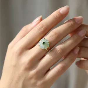 Bague ajustable en laiton plaqué or 18 carats avec pierre naturelle œil de chat et zircon cubique, motif floral sculpté, best-seller - Product Image 3