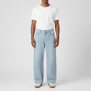 Jean en denim tricoté style vintage américain, délavé moyen, pour hommes et femmes, taille mi-haute, coupe droite ample, pantalon décontracté d'automne - Product Image 5