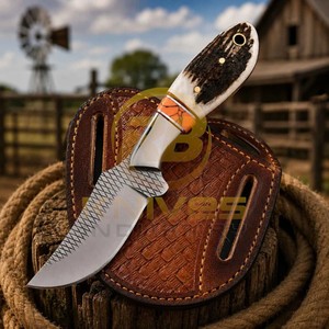 Cuchillo de caza y desollado de acero de Damasco hecho a mano con mango de cuerno de ciervo, hoja fija de espiga completa, para camping al aire libre, DIY OEM - Product Image 5