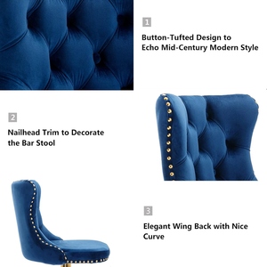 Modern <b>Adjustable</b> Bar <b>Stool</b> Blue Velvet Tufted Seat Gold Metal Legs Base Swivel <b>Height</b> <b>Adjustable</b> Luxury Contemporary Commercial - Product Image 3