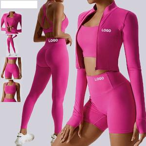 Ensemble de sport 3 pièces pour femme à séchage rapide, respirant et uni, comprenant un legging, une veste de compression et un soutien-gorge de sport, idéal pour le yoga et la gym - Product Image 3