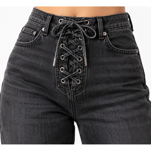 Jean en denim taille haute à lacets coupe droite pour femme, noir délavé, style vintage, hiver, tissé uni, vente en gros - Product Image 4
