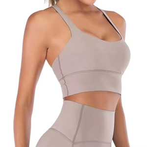 Women's Seamless High Waist Full Length Leggings Solid Gray Four-Way Stretch Yoga Set Racerback <b>Crop</b> <b>Top</b> 2 Piece - Product Image 4