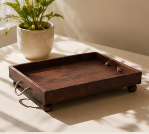 Bandeja de Madera para Servir con Asas de Cuerda y Patas de Bola, Bandeja Rústica de Madera para Té, Café, Desayuno, Comida y Bebidas - Product Image 4