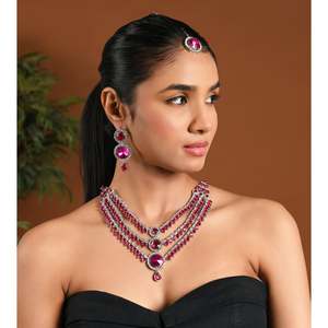 Ensemble collier et boucles d'oreilles Maang Tikka en argent plaqué, style traditionnel multi-couches avec pierres, pour femmes - Product Image 3