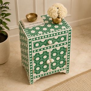 Bone Inlay Nightstand <b>Side</b> <b>Table</b> Accent Cabinet Green White Pattern Drawer <b>Storage</b> for Living Room Bedroom - Product Image 3
