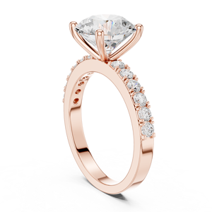 Bague de fiançailles et de mariage pour femme en or rose, solitaire rond brillant avec bande pavée de diamants - Product Image 2