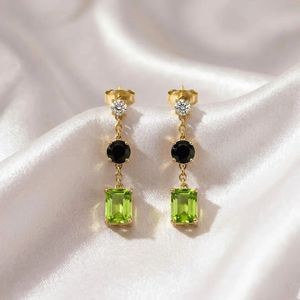 Peridot Rectangle Drop <b>Earrings</b> Black Obsidian Round CZ Accent Elegant Minimalist <b>Fine</b> Stud Dangle Jewelry Gift For Her - Product Image 2
