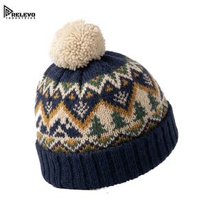 Premium Vintage Holiday Ski Beanie - <b>Navy</b>, Cream, and Mustard Multi-Color Nordic Patterned Knit Winter <b>Hat</b> with Top Pom Pom - Product Image 2