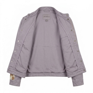 Veste pour homme en denim délavé violet avec patchwork en cuir de vache véritable, col montant, fermeture à boutons-pression, personnalisable - Product Image 5