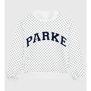 Sudadera con Capucha Parke con Estampado de Puntos, Unisex, Corte Regular, Informal, Tejida, Color Blanco Invierno con Logotipo Azul Marino, 100% Algodón - Product Image 1