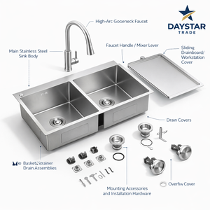 Évier de cuisine rectangulaire moderne brossé Daystar Trade en acier inoxydable 304, à cuve unique, à encastrer, fait main et personnalisable, avec robinet - Product Image 4