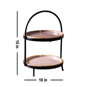 ชั้นวางเค้กโลหะสีดำ 2 ชั้น ดีไซน์ทันสมัย พร้อมหูจับโค้งมน ถาดเสิร์ฟไม้แบบฝัง ตกแต่งสไตล์อินดัสเทรียล สำหรับบุฟเฟ่ต์และตกแต่งบ้าน - Product Image 4