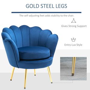 Poltrona in Velluto Blu con Gambe in Metallo Dorato, Sedia Resistente ed Ecologica per Soggiorno e Camera da Letto, Adatta per Superfici in Moquette - Product Image 6