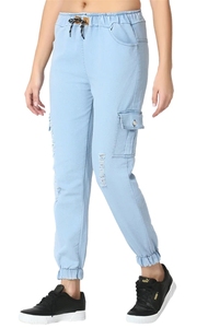 Jogging cargo décontracté pour femme bleu clair à taille élastique avec cordon de serrage, plusieurs poches et design déchiré vieilli, idéal pour le printemps - Product Image 5