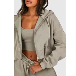 <b>Cropped</b> Solid Hoodies Tracksuit 2-Piece Set Breathable Fluffy <b>Zip</b>-<b>Up</b> <b>Hoodie</b> for Women High Quality Sports Polyester Spandex - Product Image 6
