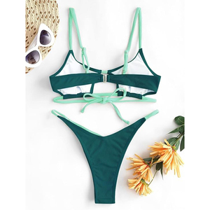 Traje de Baño Bikini Acanalado con Recortes para Mujer, Sexy, Verde Oscuro con Ribete Neón, Dos Piezas, Acolchado, Moderno, para Playa - Product Image 4