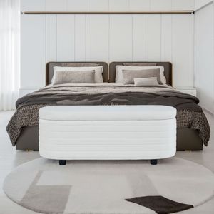 Panca Ovale in Velluto Beige L8133 con Contenitore, Elegante Arredamento per Soggiorno - Product Image 1