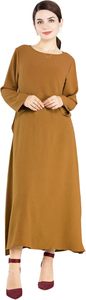 Abaya femme couleur moutarde unie, manches longues, col rond, robe longue modeste en coton, coupe ample, pour usage quotidien, style Moyen-Orient - Product Image 3