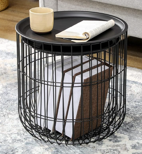 Tables basses imbriquées avec panier filaire et dessus amovible et tables d'extrémité empilables pour le rangement des couvertures dans le salon - Product Image 6