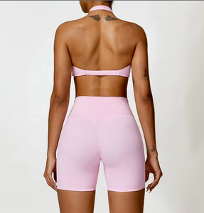 Women's Quick Dry 2-Piece Sports Bra and Yoga Shorts Set Knot Halter Backless Seamless and Breathable Solid Pattern Yoga Gear - Product Image 3