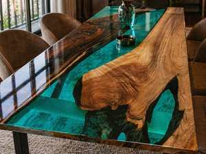 Blue Transparent <b>Epoxy</b> Resin Dining <b>Table</b> Rectangle, Luxury Wood and Resin <b>Table</b>, Modern Home Furniture Statement Piece - Product Image 2
