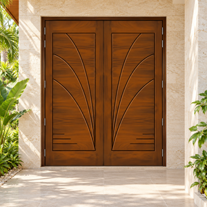 Puertas Dobles de Entrada de Madera Sólida Modernas con Diseño Art Deco, Apertura Abatible, Superficie Acabada para Uso Exterior en Apartamentos/Villas GA-39L - Product Image 1