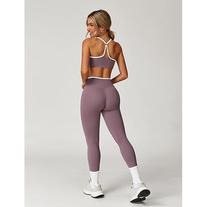 ชุดโยคะสายรัดแบบ Racerback สำหรับผู้หญิง เสื้อชั้นในออกกำลังกายแบบคอวี กางเกงเลกกิ้งเอวสูงปานกลาง ดีเทลผูกด้านหน้า ผลิตจากไนลอนและสแปนเด็กซ์ ชุดออกกำลังกาย - Product Image 4