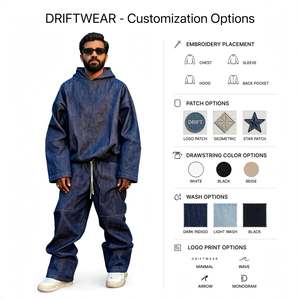 Conjunto de Chándal de Mezclilla Lavada con Logotipo Personalizado, Unisex, Estilo Urbano, Sudadera con Capucha y Pantalones Holgados con Cordón Ajustable - Product Image 5